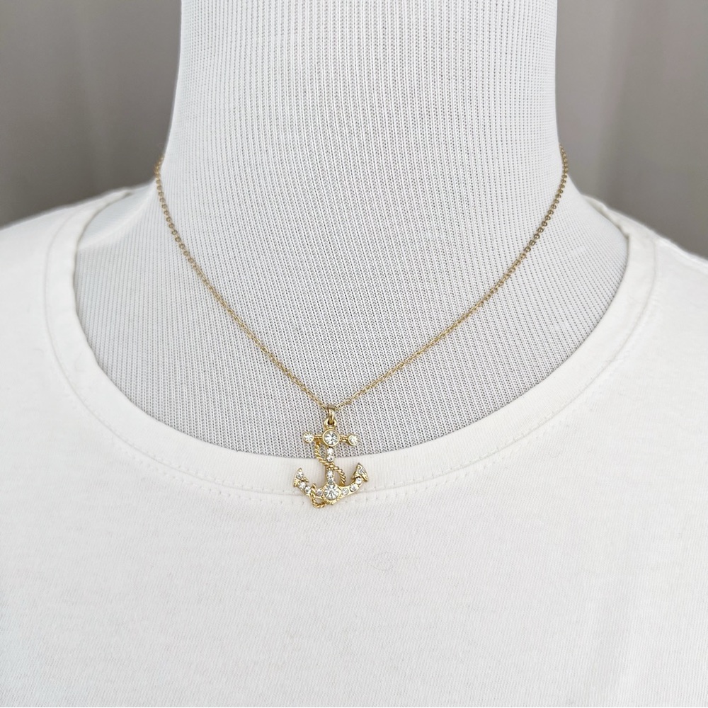 Gold Tone Rhinestone Anchor Necklace